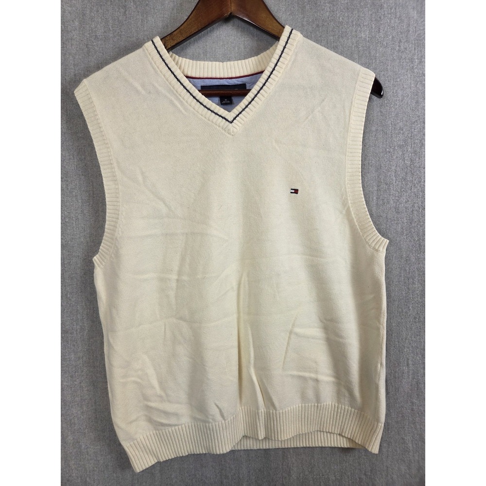 Tommy Hilfiger Mens M Sweater Vest Beige V Neck Sleeveless Retro Y2K Pima Cotton